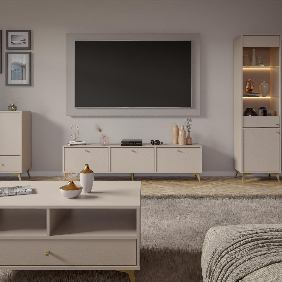 KOMMODE FLOREN, Creme/Gold - Creme, Holzwerkstoff/Metall (124.5/93.5/40.8cm) - KONSIMO®