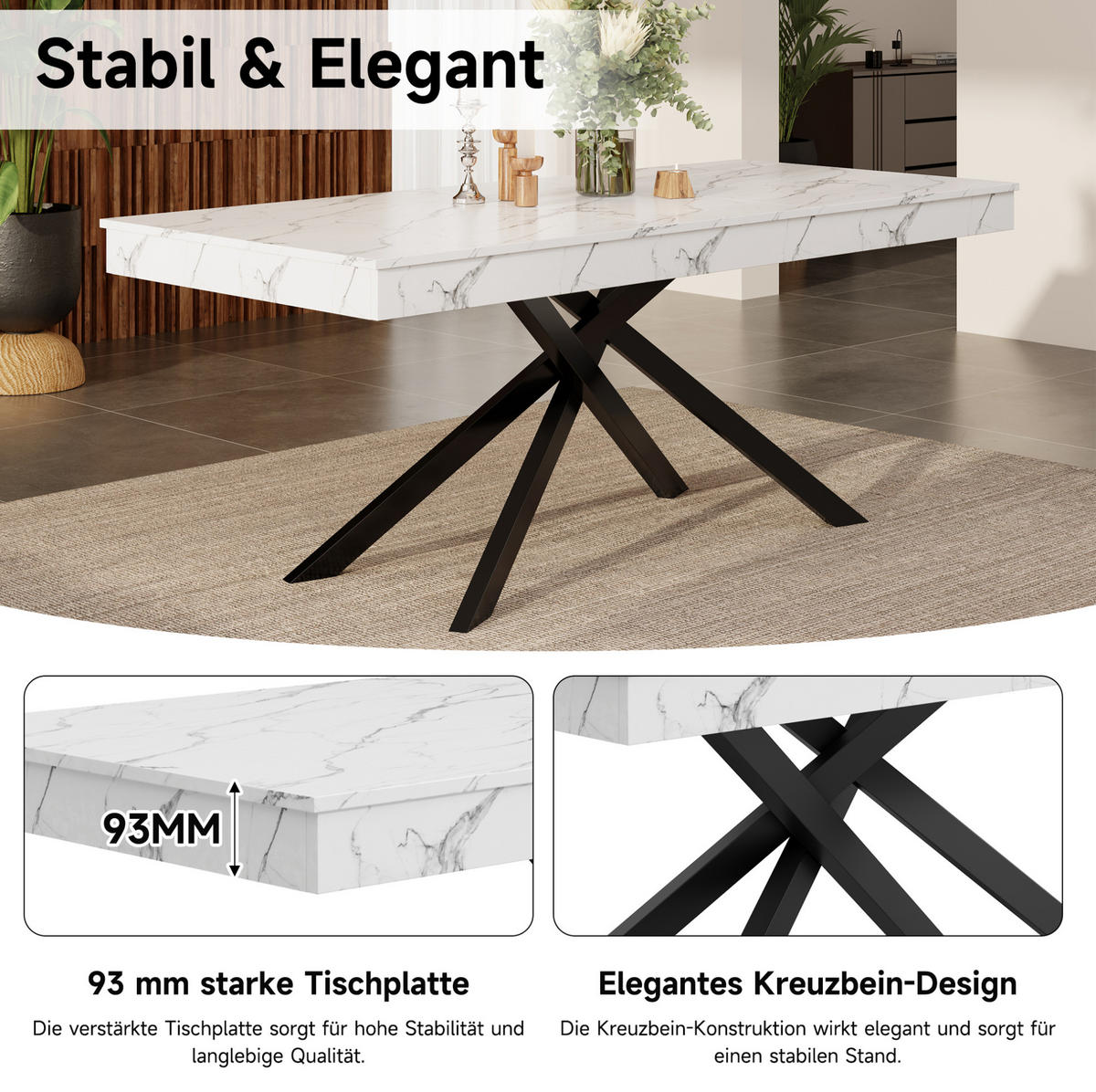 JEDILNA miza 140/180/80 cm z raztegljivo ploščo, 93 mm debelo ploščo in stabilnimi križnimi nogami, Bela - bela, leseni material (180/80/76cm) - Redom
