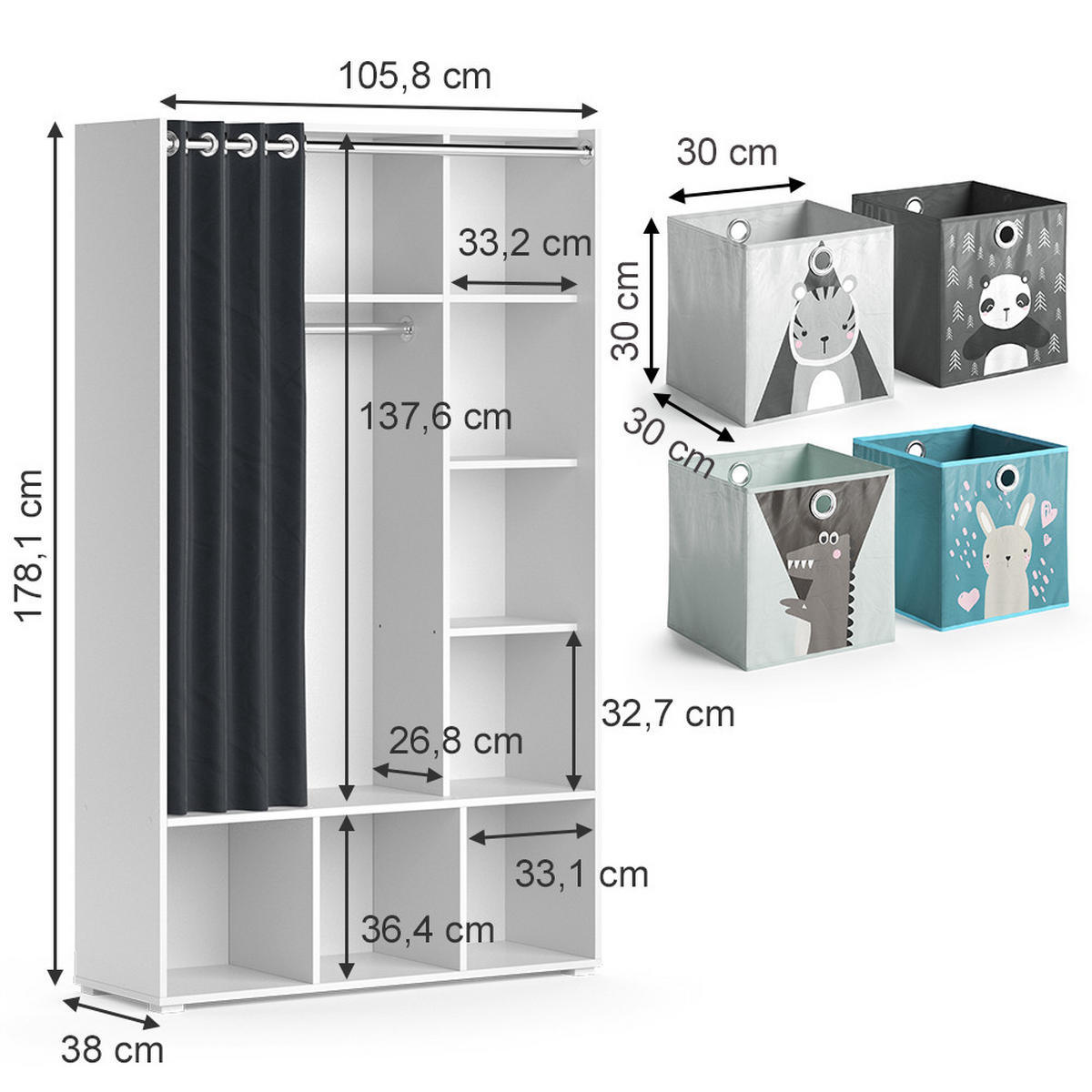 KINDERKLEIDERSCHRANK Luigi Weiß 105.8 x 178.1 cm Mit Faltboxen (grau) - Weiß/Grau, Holzwerkstoff (105.8/178.1/38cm) - Vicco
