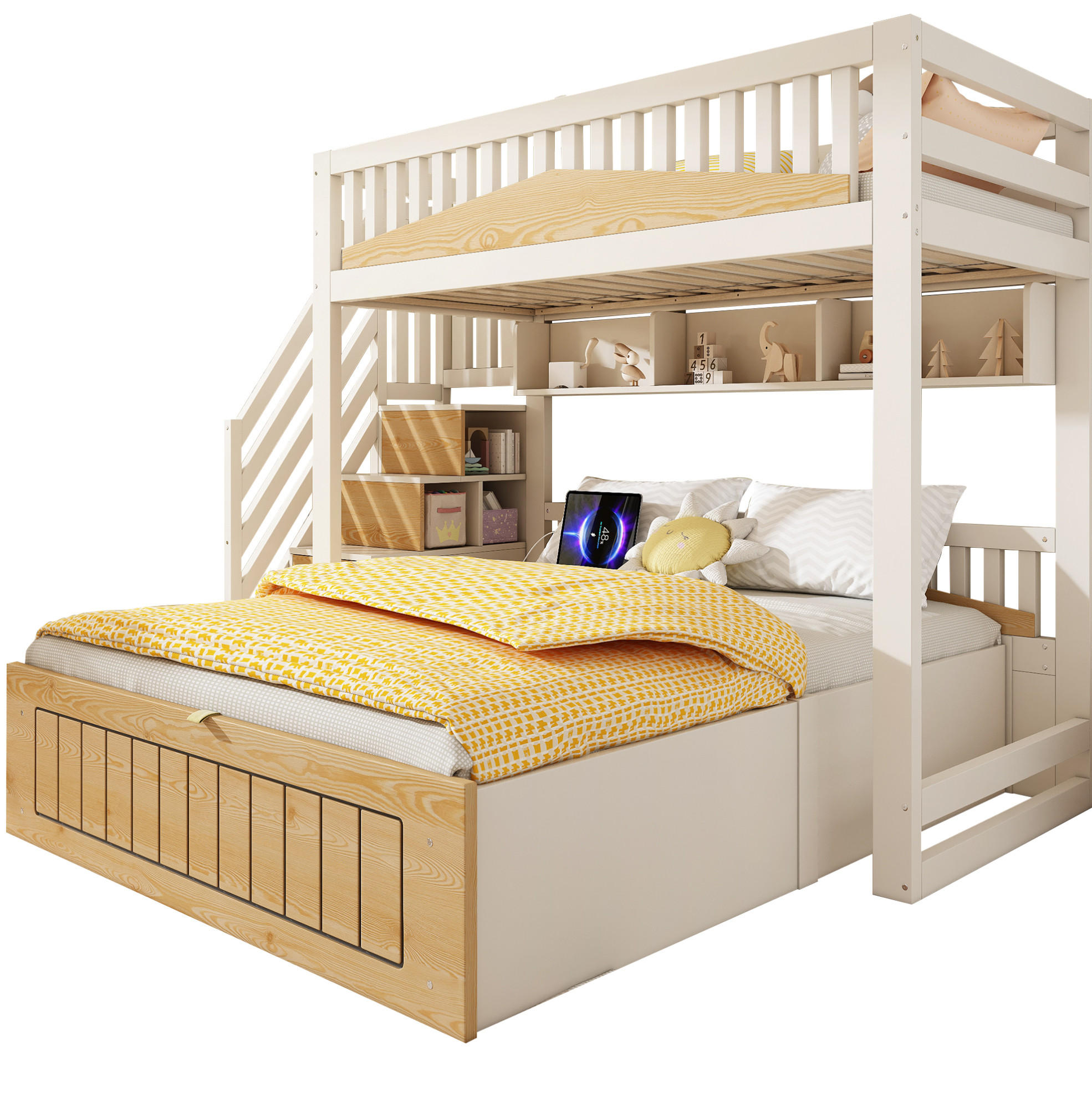 ETAGENBETT 90/140/200 cm in Weiß/Natur mit Stauraum und USB- und Type-C-Anschlüssen - Weiß, Holzwerkstoff (90/200cm) - OKMYHOME
