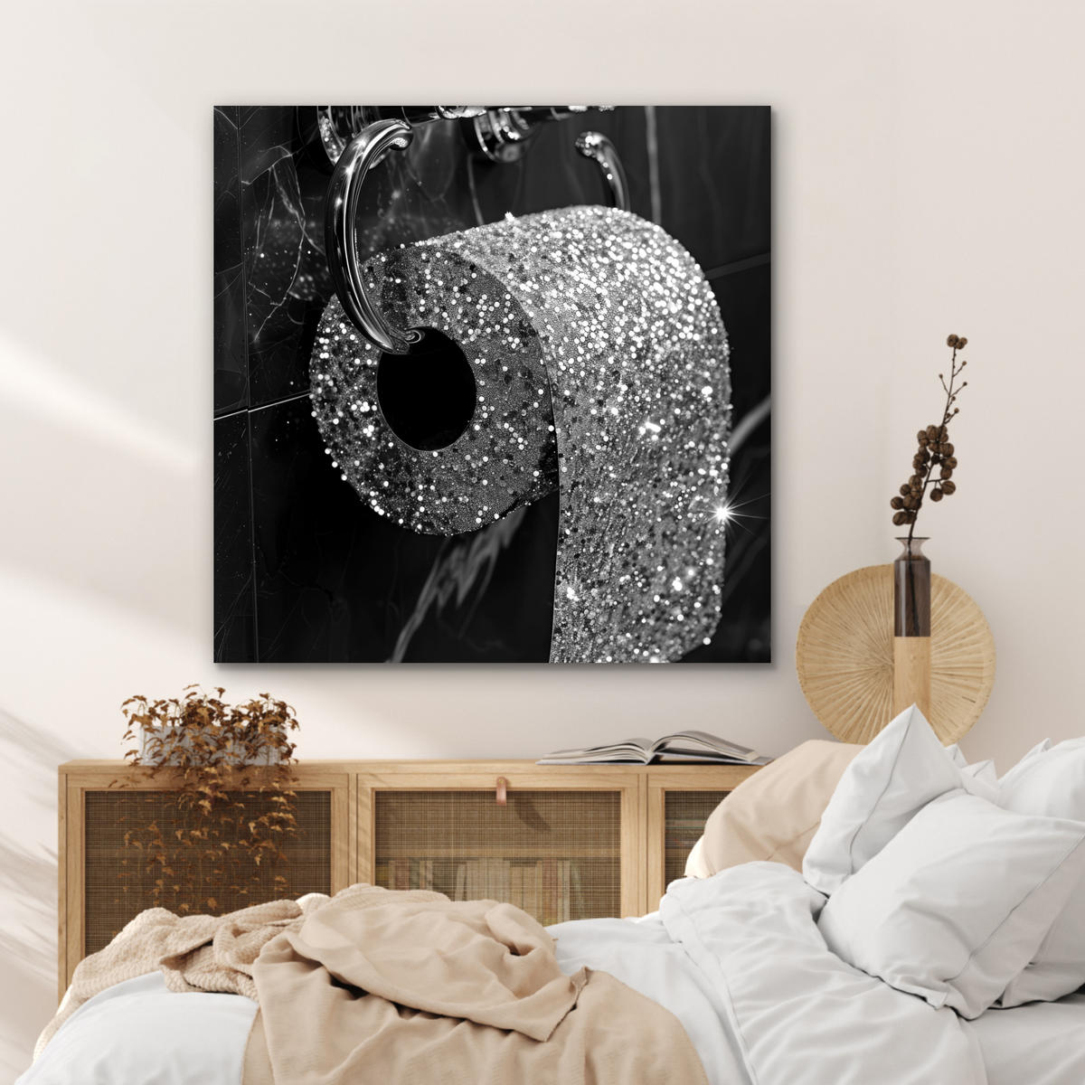 KOVOVÝ OBRAZ WC - toaletný papier - čiernobiely - trblietky 90x90 cm - strieborná, kov (90/90cm) - MuchoWow