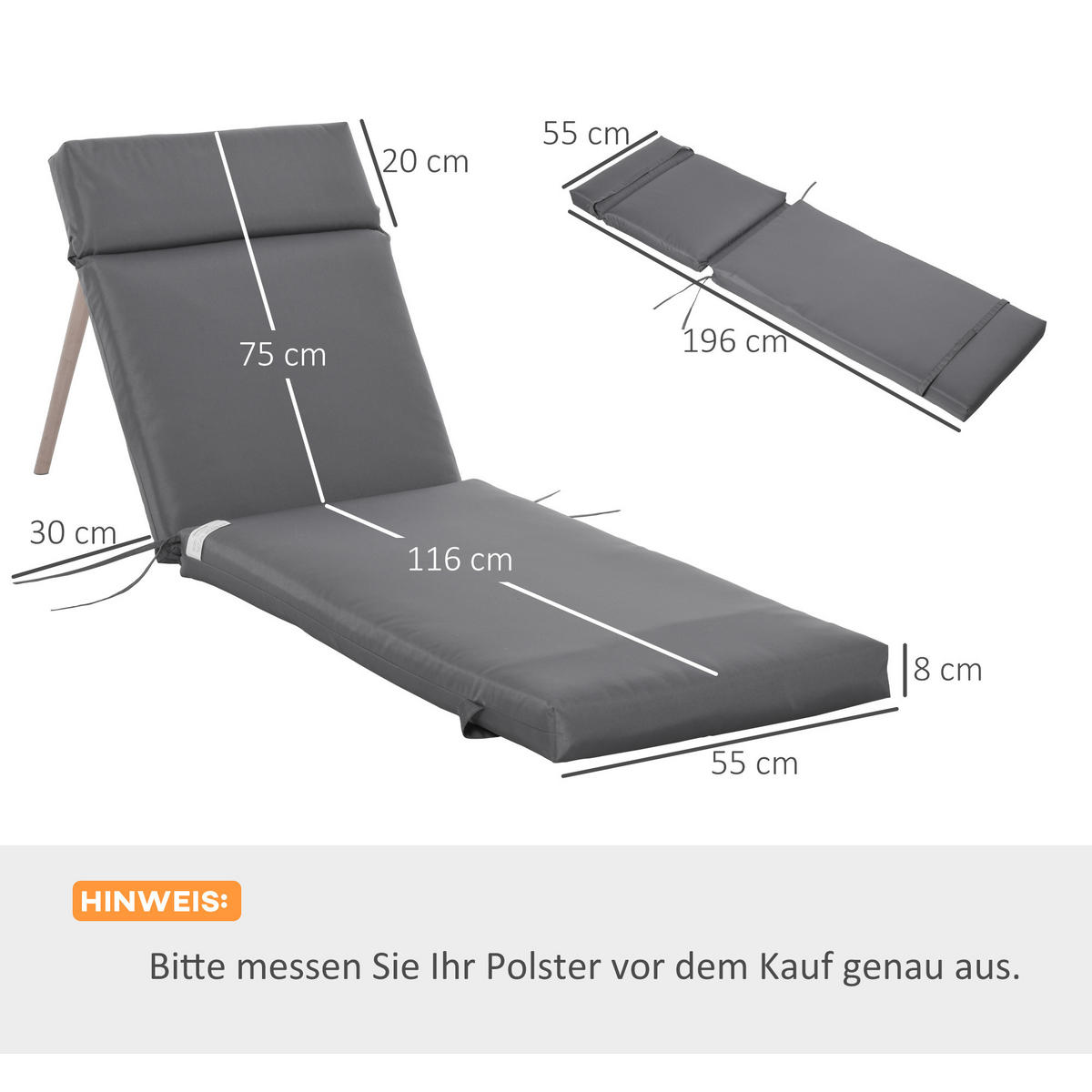 AUFLAGE für Sonnenliege 2er Set - Dunkelgrau, Kunststoff (55/8/196cm) - Outsunny