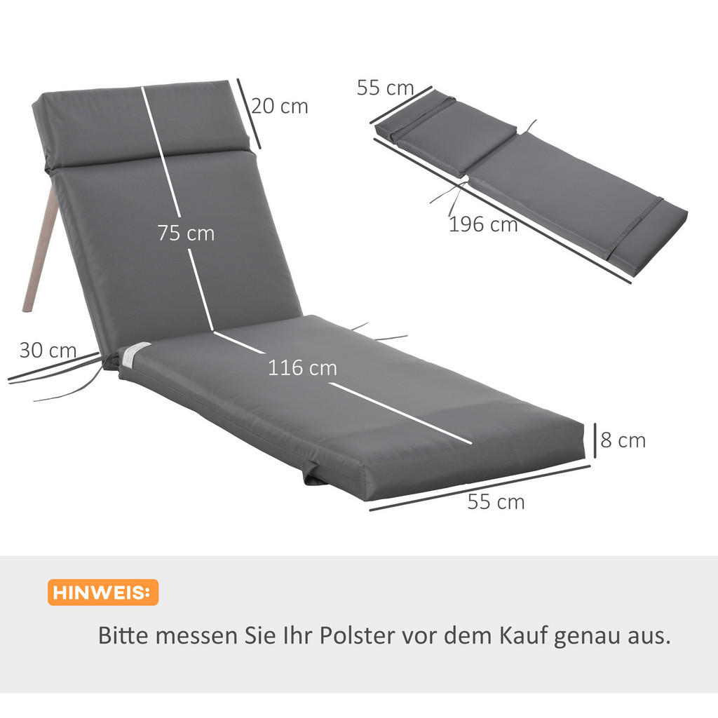 Thumbnail - Outsunny Auflage, Dunkelgrau, Kunststoff, 55x8x196 cm, Outdoor-Kissen, Liegenauflagen