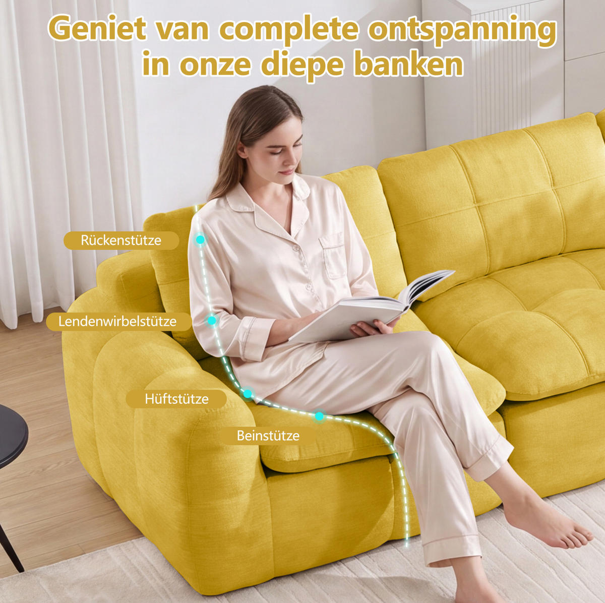 SOFA 194/97/68 cm in Gelb aus Chenille, mit tiefem Sitzkomfort - Gelb, Textil (97/68/194cm) - Flora Grace