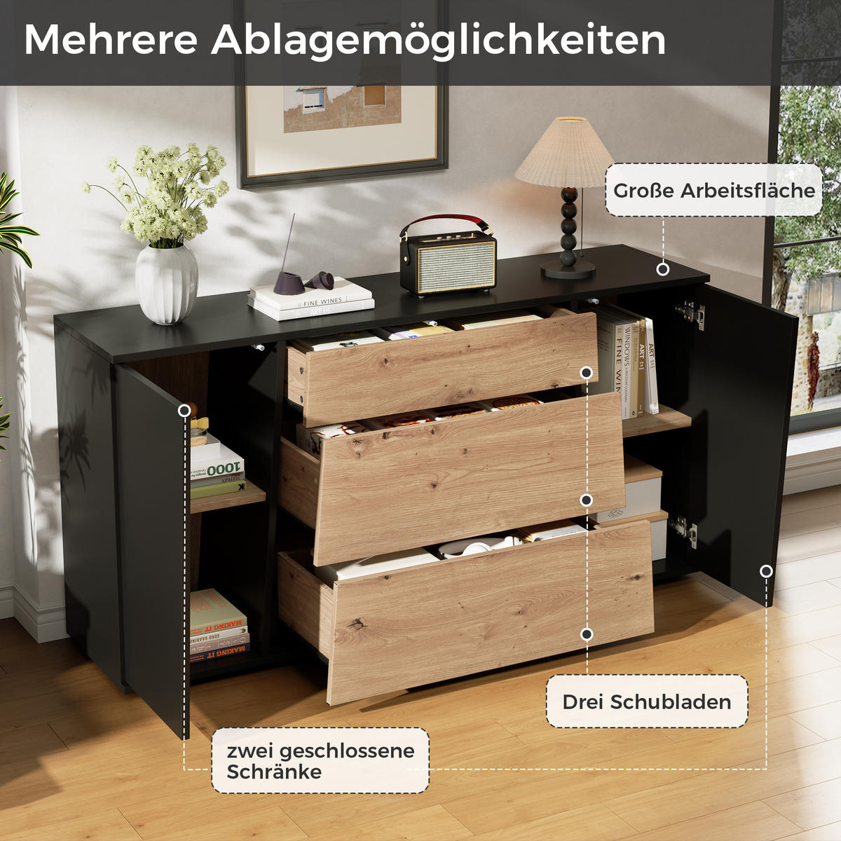 KÜCHENSCHRANK 140x35x70cm Schwarz Holzton mit 3 Schubladen - Schwarz/Naturfarben, Holzwerkstoff (140/70/35cm) - FLIEKS