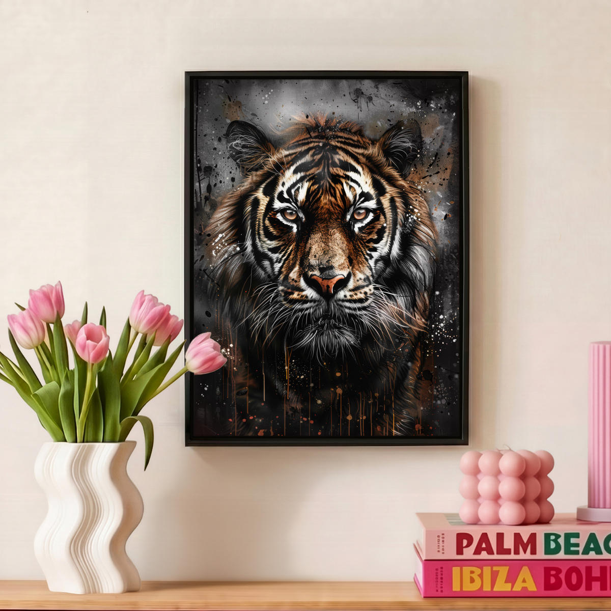 LEINWAND Bilder mit Rahmen - Tiger - Tiere - Porträt - Luxus - Schwarz - 30x40 - Braun, Textil (30/40cm) - MuchoWow
