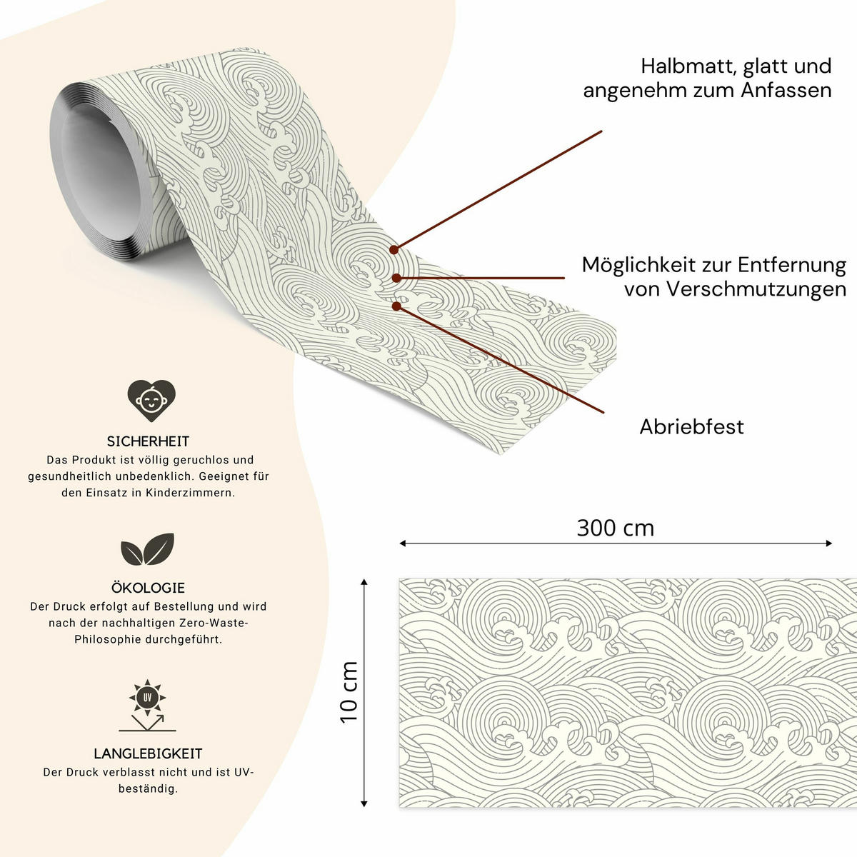 TAPETENBORDÜRE selbstklebend Japanische WELLEN abstraktes Muster - Beige/Grau, Papier (10/300/300cm) - Muralo