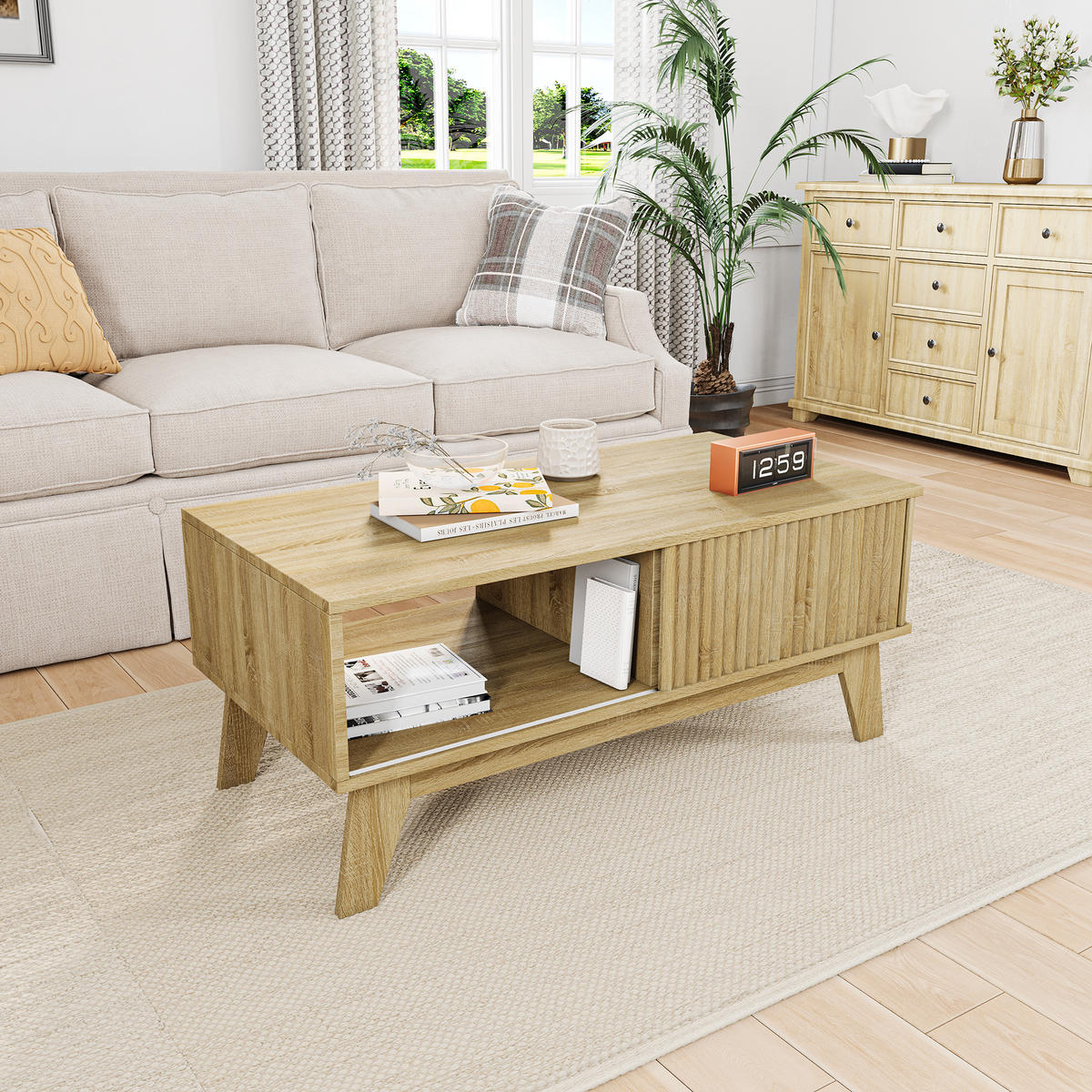 COUCHTISCH holzoptik mit schiebetür und offenem fach - Eichefarben, Holz (95/41/48cm) - SHOPENTRA