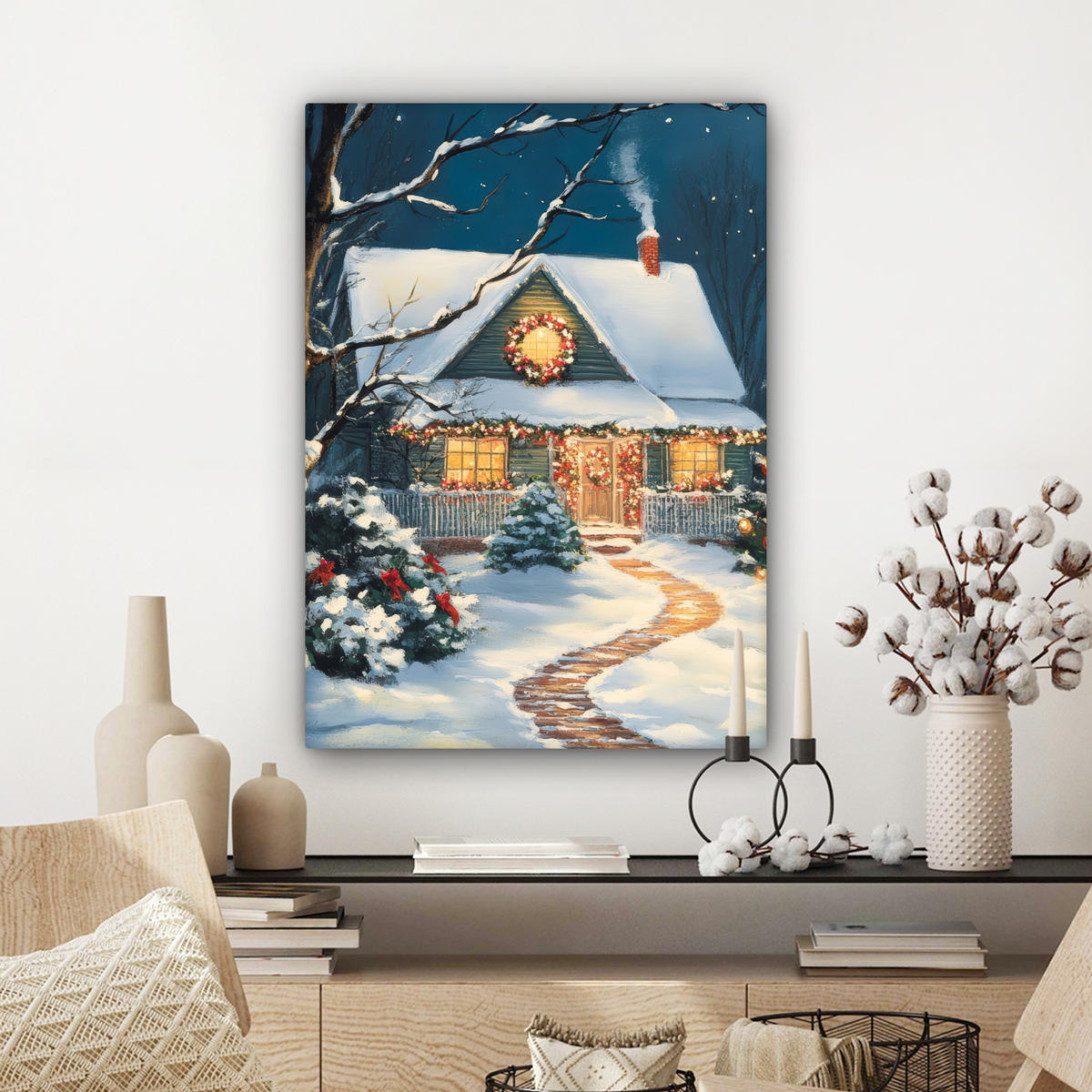 LEINWANDBILD Weihnachten - Weihnachtsbaum - Winter - Zuhause - Schnee 60x80 cm - Multicolor, Textil (60/80cm) - MuchoWow