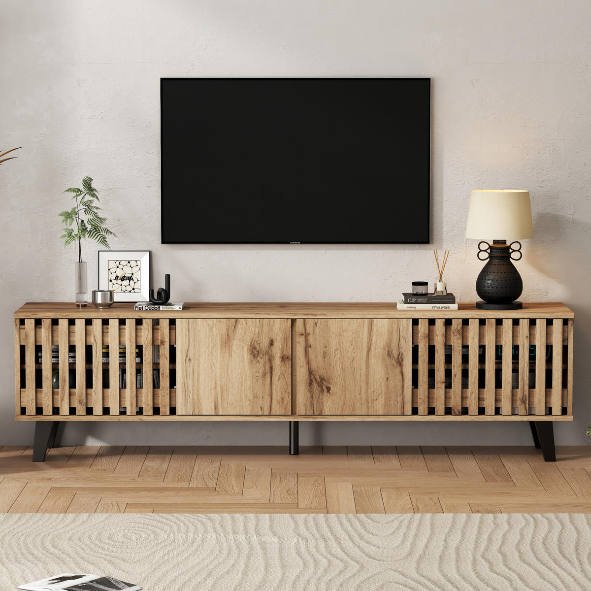 TV stolek 180/40/55 cm přírodní z dřevotřísky s úložnými přihrádkami a dvířky - světle hnědá, kompozitní dřevo (180/55/40cm) - OKWISH