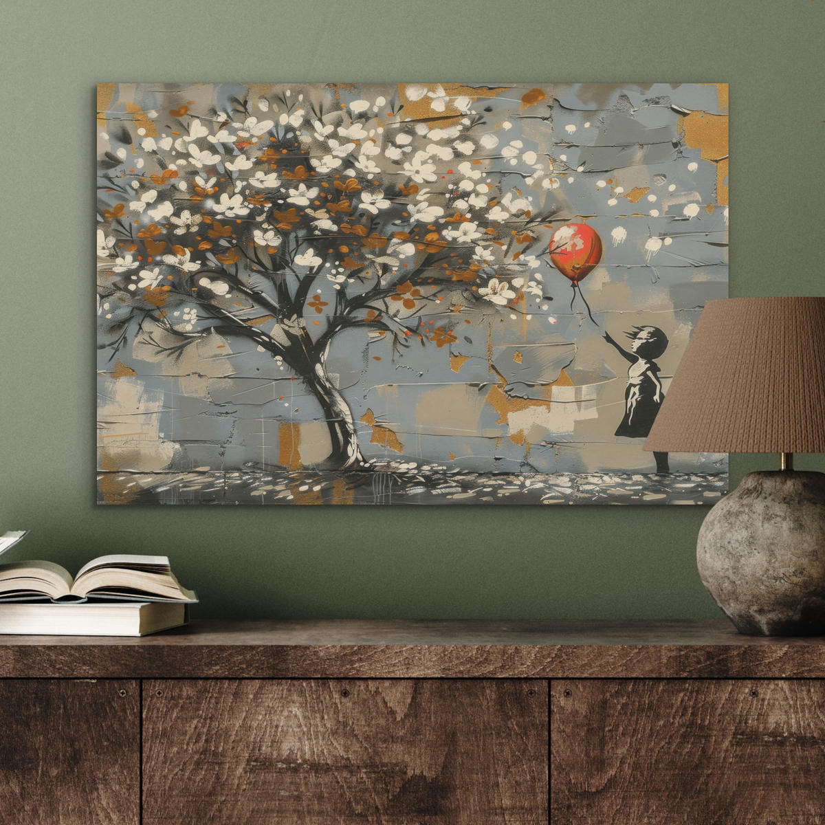 AKUSTIKBILD Baum - Graffiti - Banksy-Stil - Ballon-Mädchen Wanddeko 70x50 cm - Blaugrau, Kunststoff (70/50/0.9cm) - MuchoWow