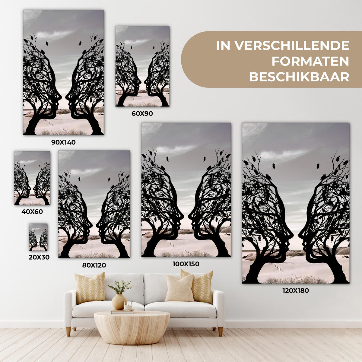 LEINWANDBILD Strand - Meer - Menschen - Baum - Moderne Kunst Wanddeko Schlafzimmer 60x90 cm - Hellgrau, Textil (60/90cm) - MuchoWow