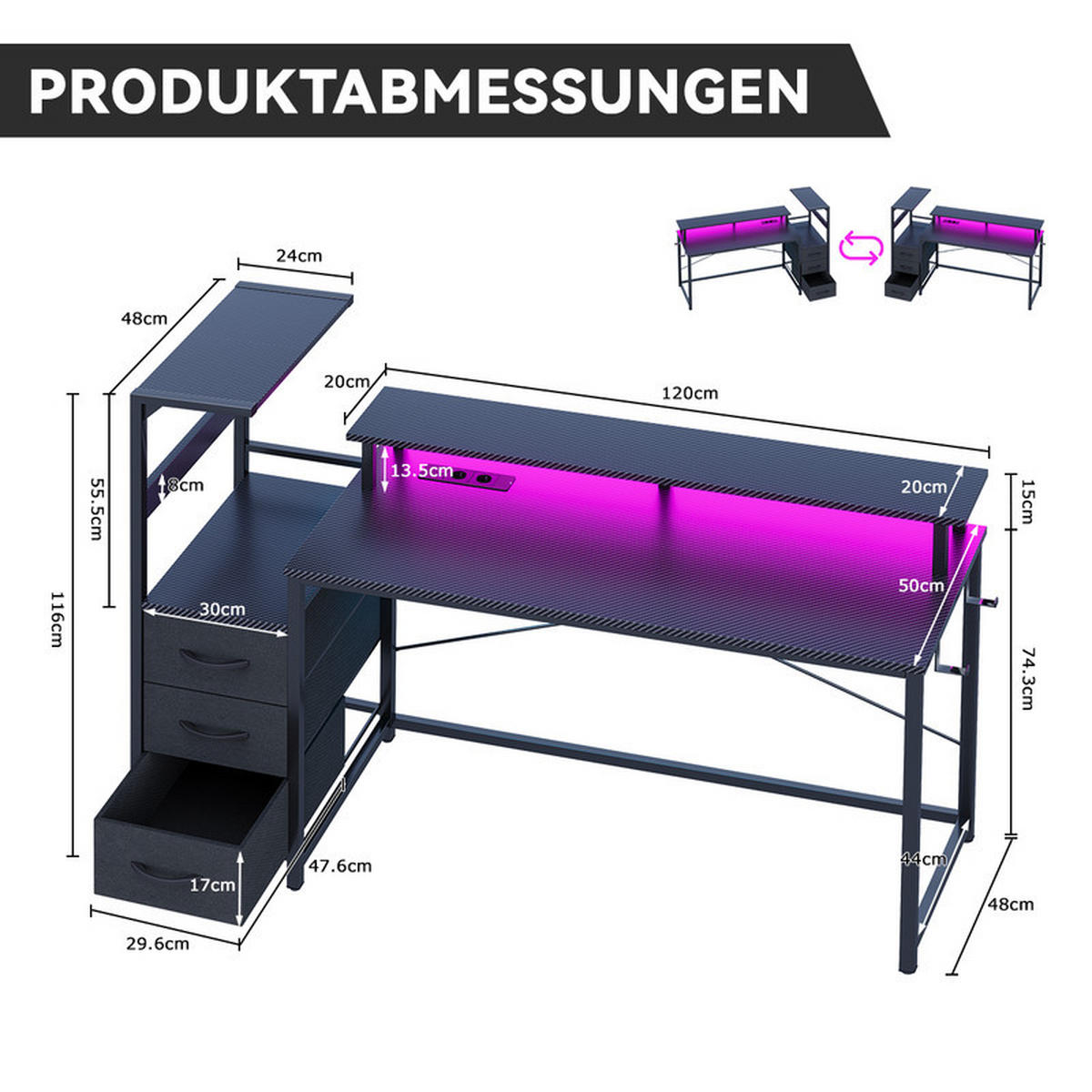 GAMINGTISCH mit Led, 150 x 50 x 75 cm, umkehrbarer Gamer-Schreibtisch mit Bildschirmunterstützung, 3 Schubladen, 2 Steckdosen und USB - Schwarz, Metall (150/48/75cm)