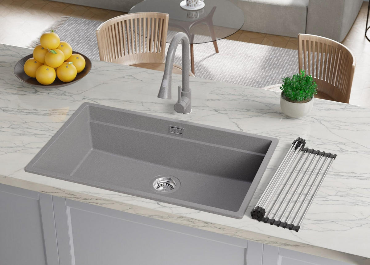 GRANITSPÜLE Praga Slim, 2-er set Grau 86/47 cm 1 Becken + Küchenarmatur 40/20 cm + Ablauf-Set + Aufrollbare Abtropffläche ab 90er Unterschrank - Chromfarben/Grau, Kunststoff (86/20/47cm) - Primagran