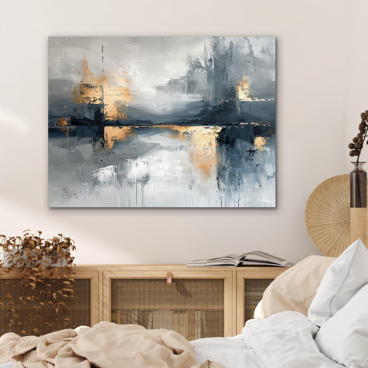 KOVOVÝ OBRAZ Umenie - sivé - zlaté - abstraktné 80x60 cm - tmavosivá, kov (80/60cm) - MuchoWow