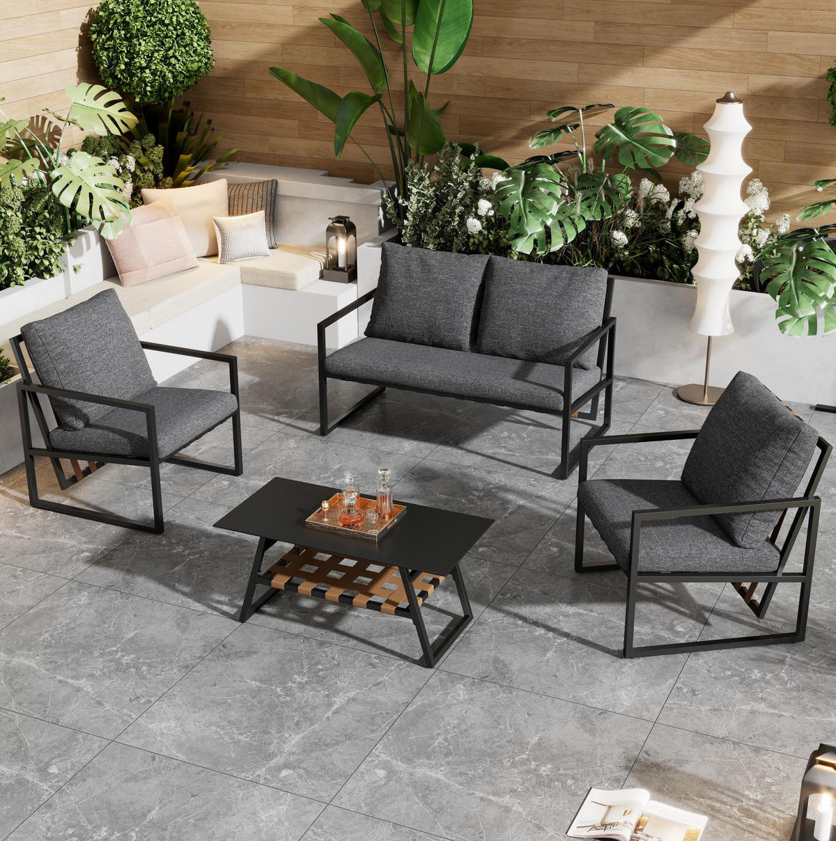 GARTENLOUNGE für 4 Personen mit Couchtisch, Ablage, waschbaren Kissenbezügen und Hartglasplatte, Schwarz - Schwarz, Kunststoff - Redom