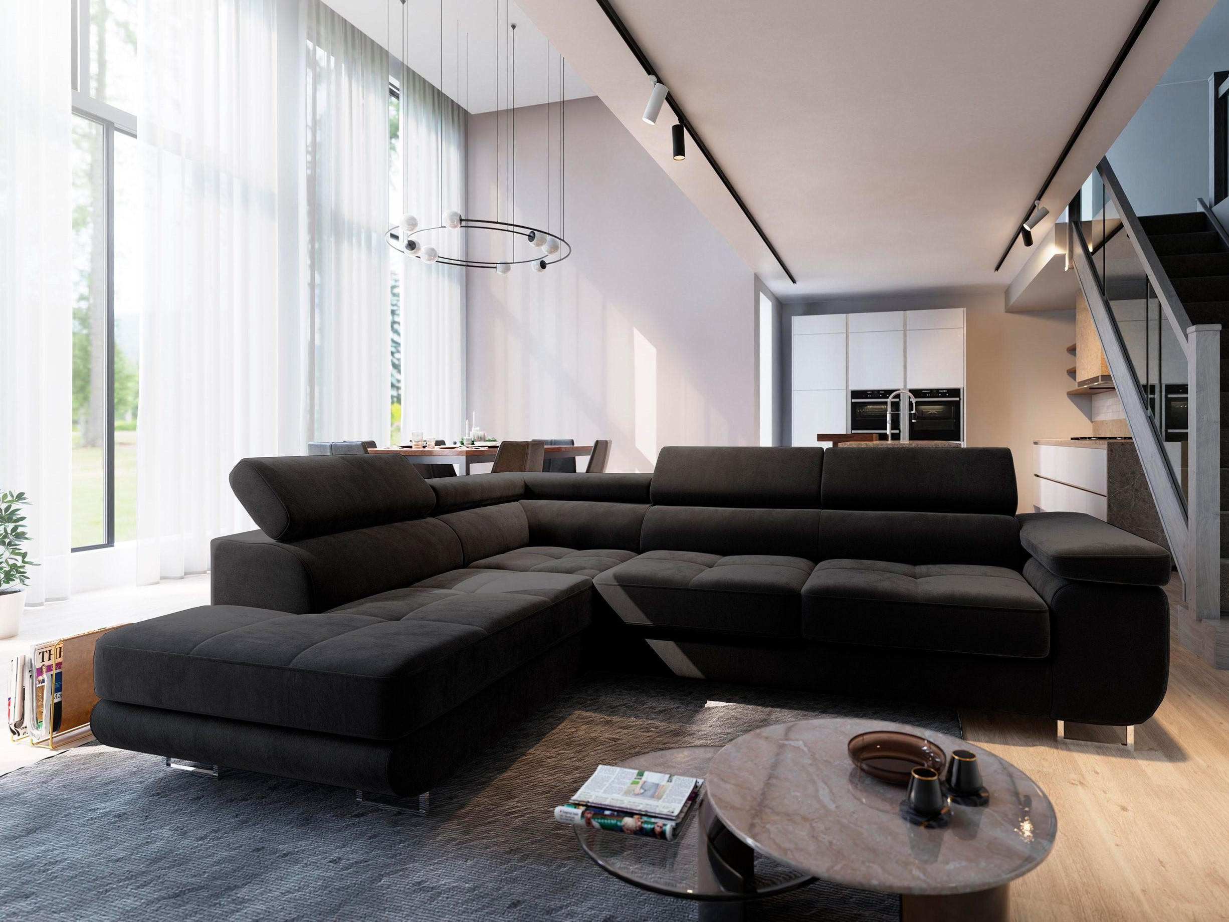 ECKSOFA SELVA L-S Schwarz Velours-Stoff mit Schlaffunktion - Schwarz, Holz (275/202cm) - MASSENO