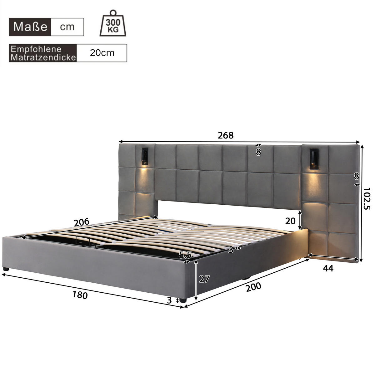 POLSTERBETT 180/200 cm grau aus Stahl mit Bettkasten und USB - Grau, Textil - OKMYHOME