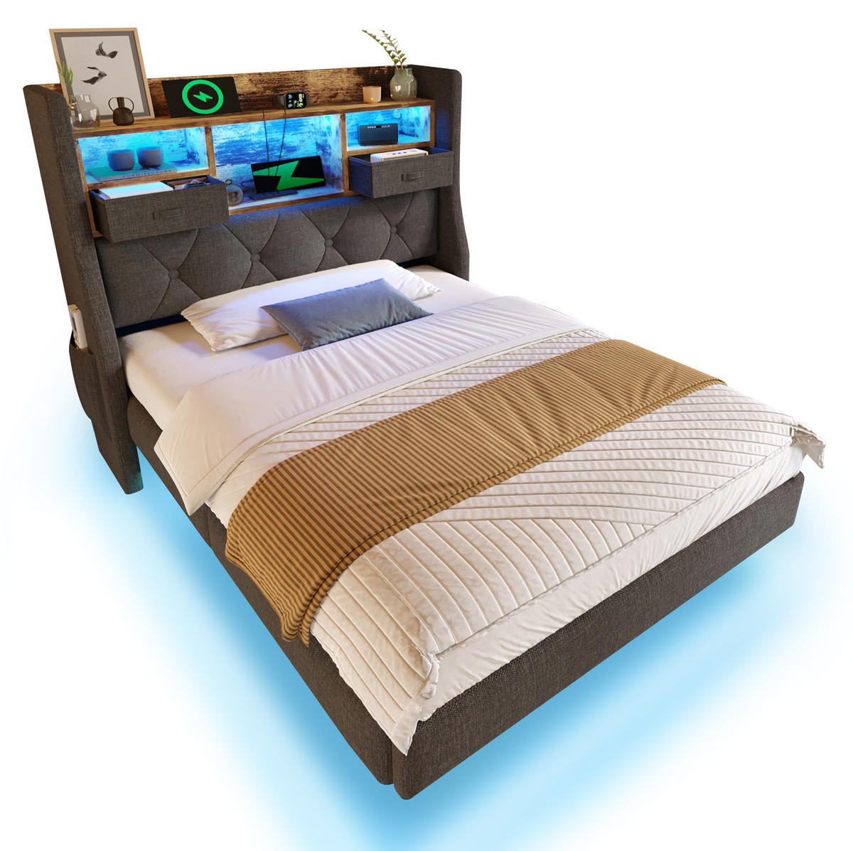 POLSTERBETT aus Leinen 90x200 cm Grau mit LED-Beleuchtung, Ladestation und Stauraum-Kopfteil - Grau, Textil (90/200cm) - IVMEU