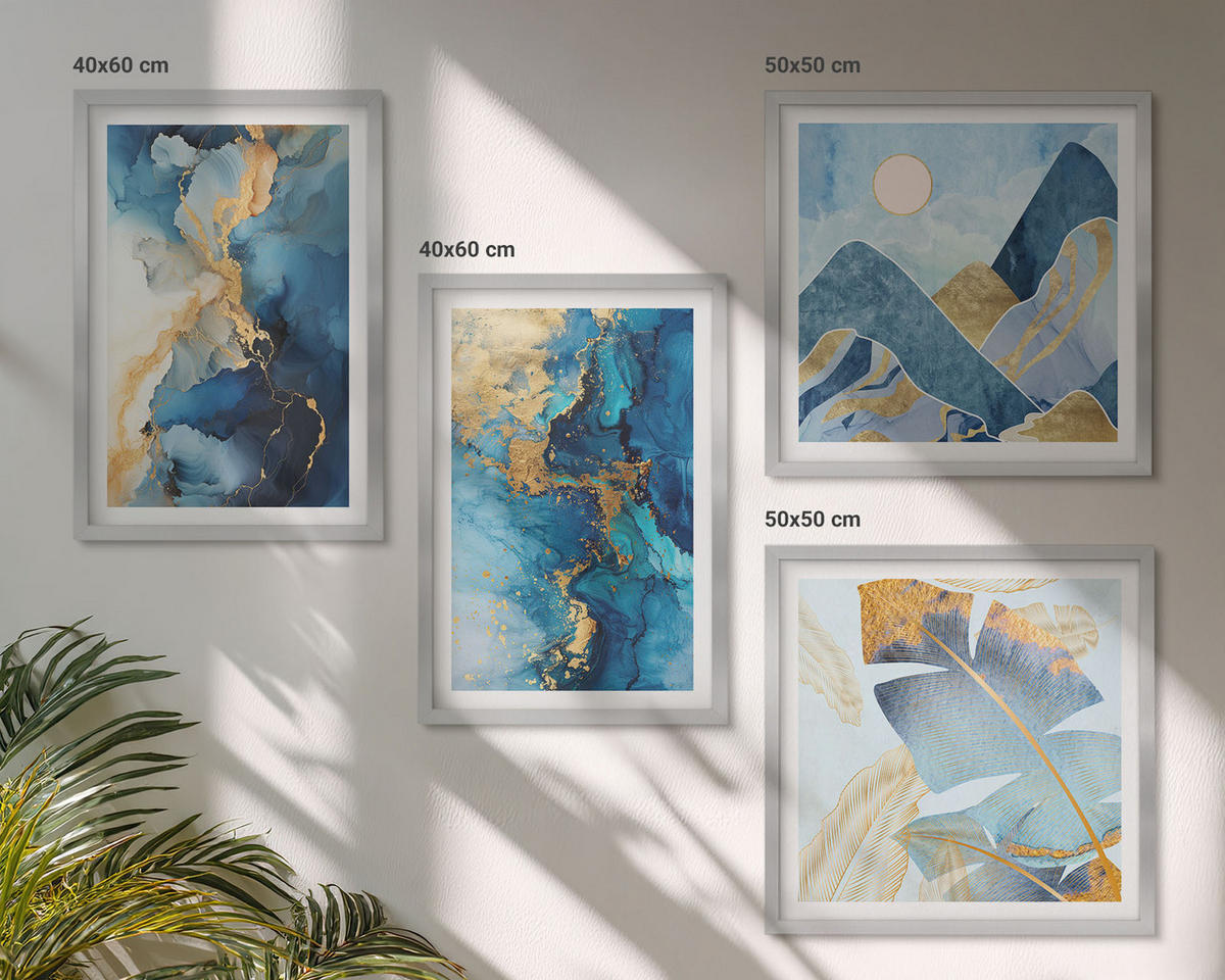 WANDBILDER 4er Set - 50x50 cm & 40x60 cm Silberner Rahmen - Goldmuster in den blauen Bergen - Silberfarben, Kunststoff (50/50cm) - ArtPrintCave