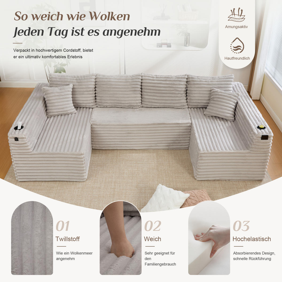 WOHNLANDSCHAFT 320/155/88 cm Hellgrau mit Getränkehalter und Seitentasche - Hellgrau, Textil (320/88/155cm) - Oxeza