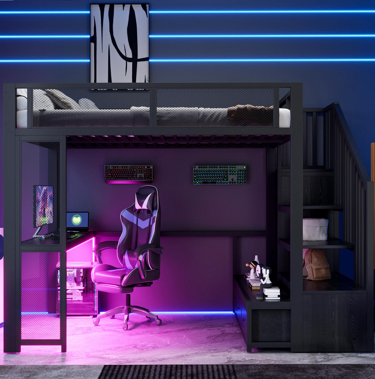 HOCHBETT aus Metall und MDF 140x200 cm Schwarz mit Schreibtisch, Stauraumtreppe, USB und LED - Schwarz, Holzwerkstoff (140/200cm) - IVMEU