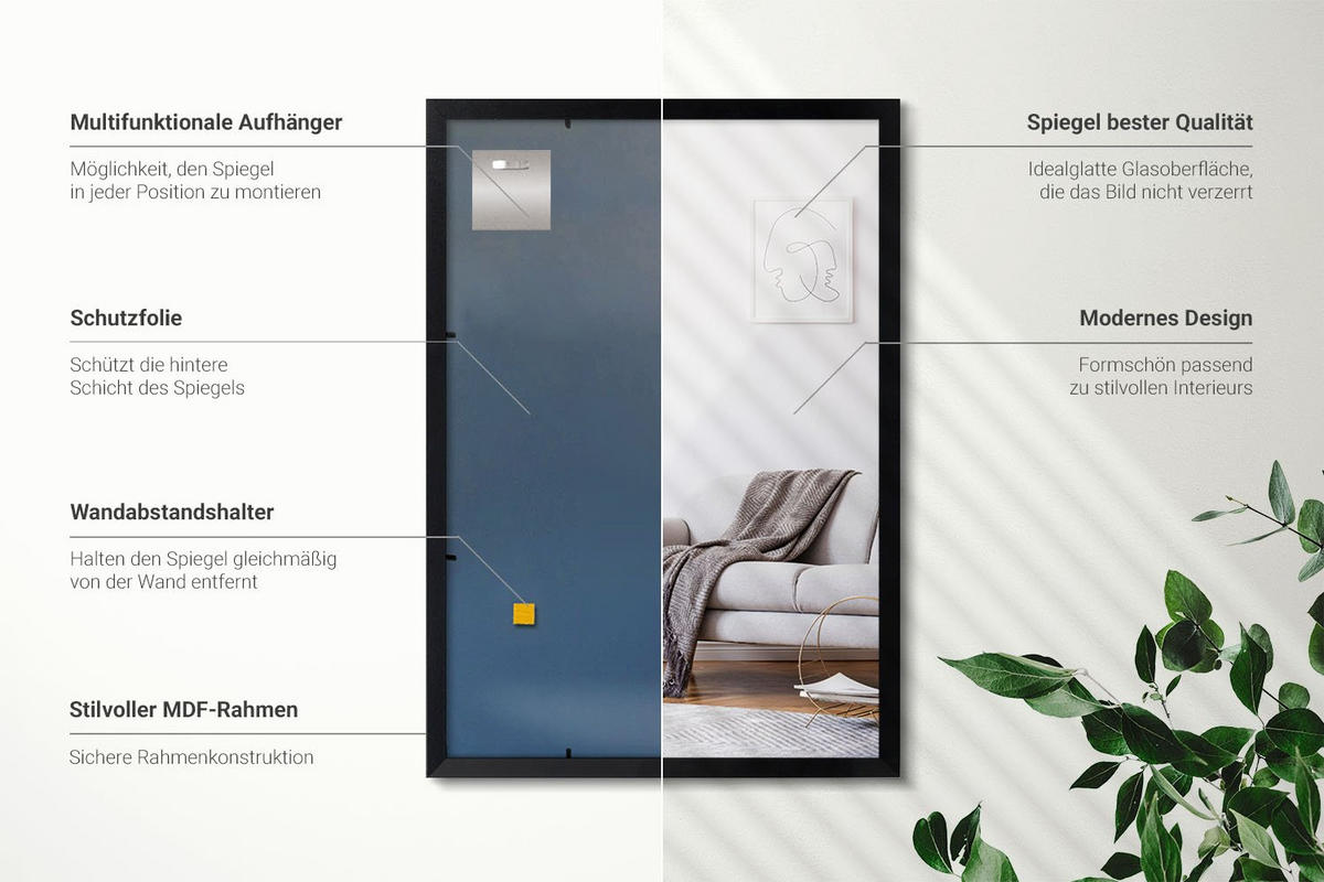 SPIEGEL 100x70cm Schwarzer Rahmen - Transparent, Glas (100/70/0.4cm) - Wallfluent