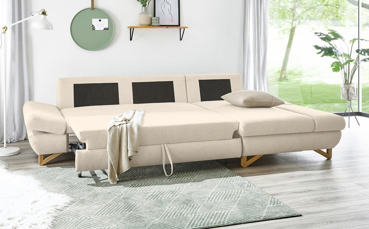 ECKSOFA creme Velours, Sofa mit Bettfunktion und Stauraum 284 cm - Creme, Holz/Textil (284/166cm) - Furn.Design