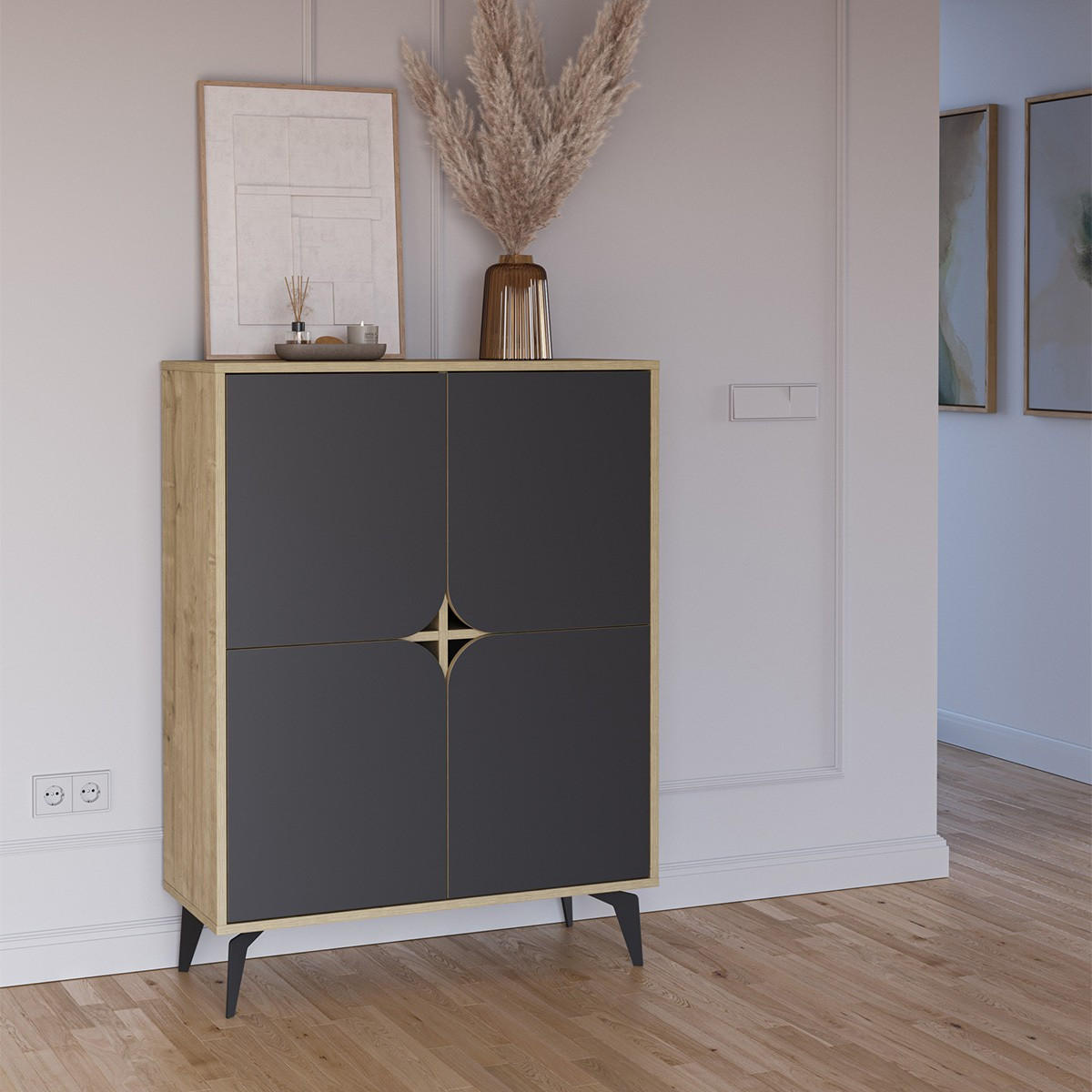 HIGHBOARD mit 4 Türen und Metallfüßen Flora - 90/38/120 cm - Schwarz, Holzwerkstoff (38/120/16cm) - Calicosy