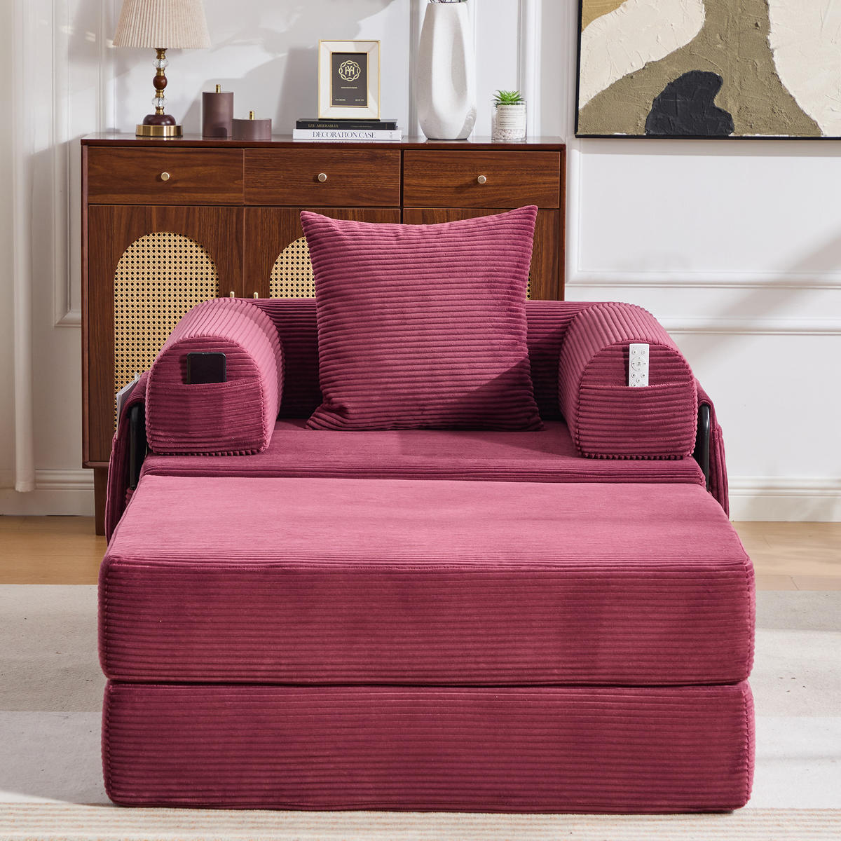 SOFA Cord Weinrot mit Kissen und Hocker - Weinrot, Textil/Metall (112/67/190cm) - WISHDOR