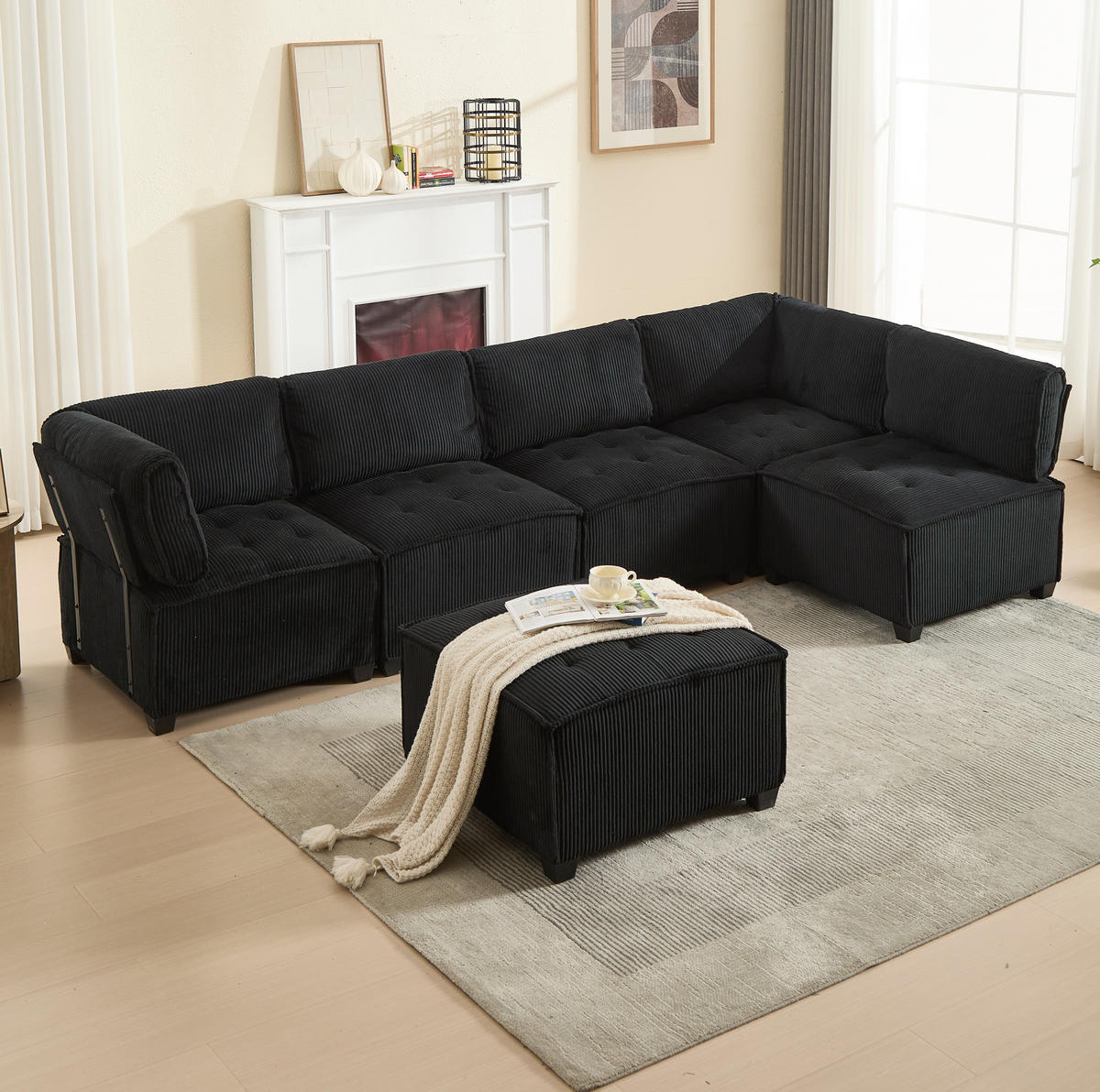 SOFA modular 308 x 154 cm Cord Black 6-Sitzer - Schwarz, Kunststoff (154/82/308cm) - Meubliv