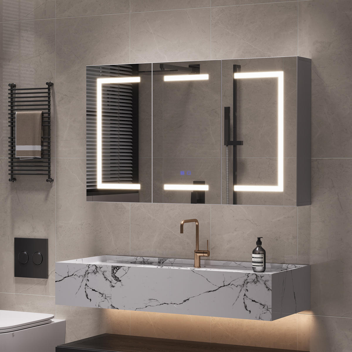 SPIEGELSCHRANK 3-türig LED mit Steckdose Antibeschlag Badschrank 100cm - Weiß, Glas (100.4/60/13.5cm)