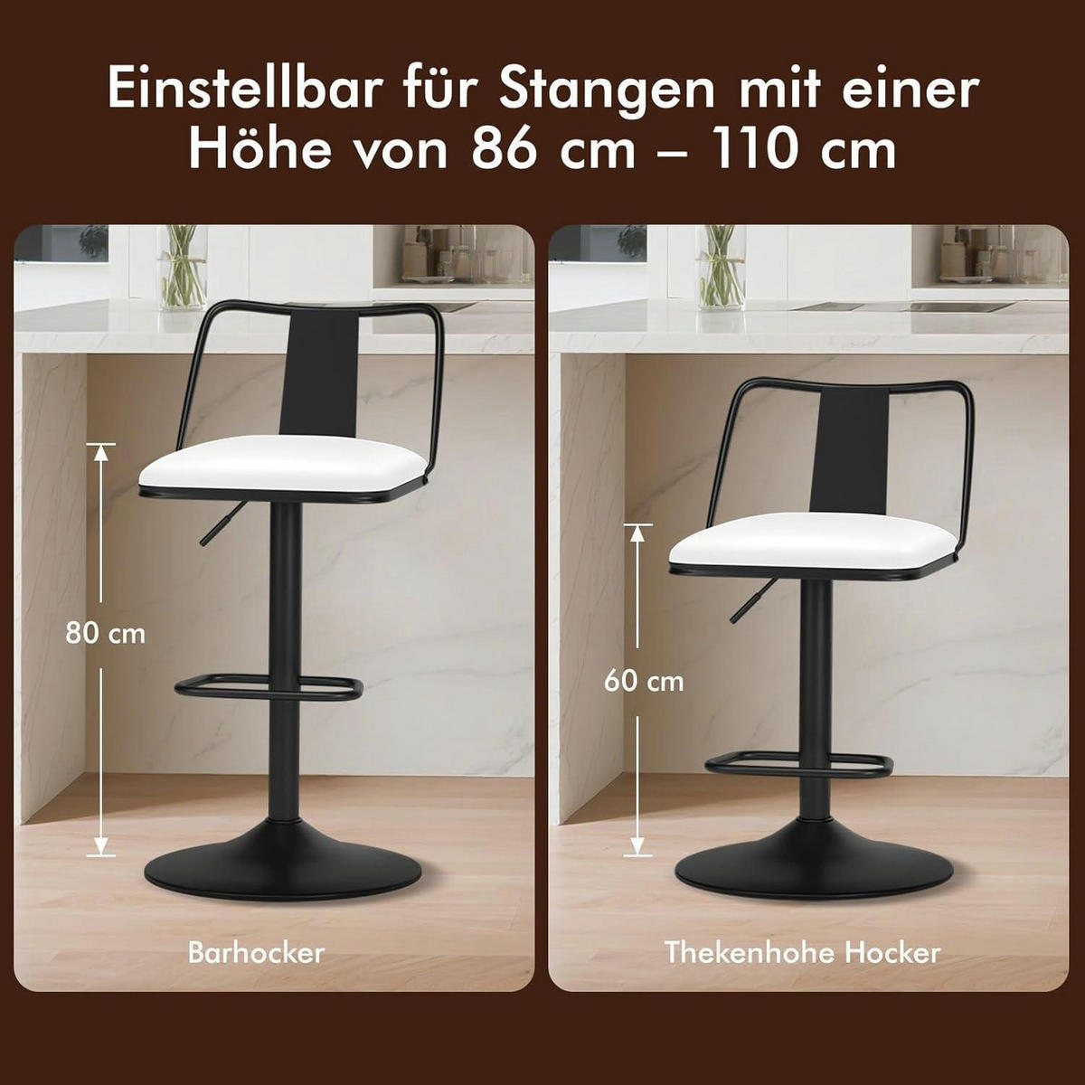 BARHOCKER 2-teiliges Set Weiß höhenverstellbar mit Rückenlehne und Fußstütze - Weiß, Kunststoff (43/102/43cm)