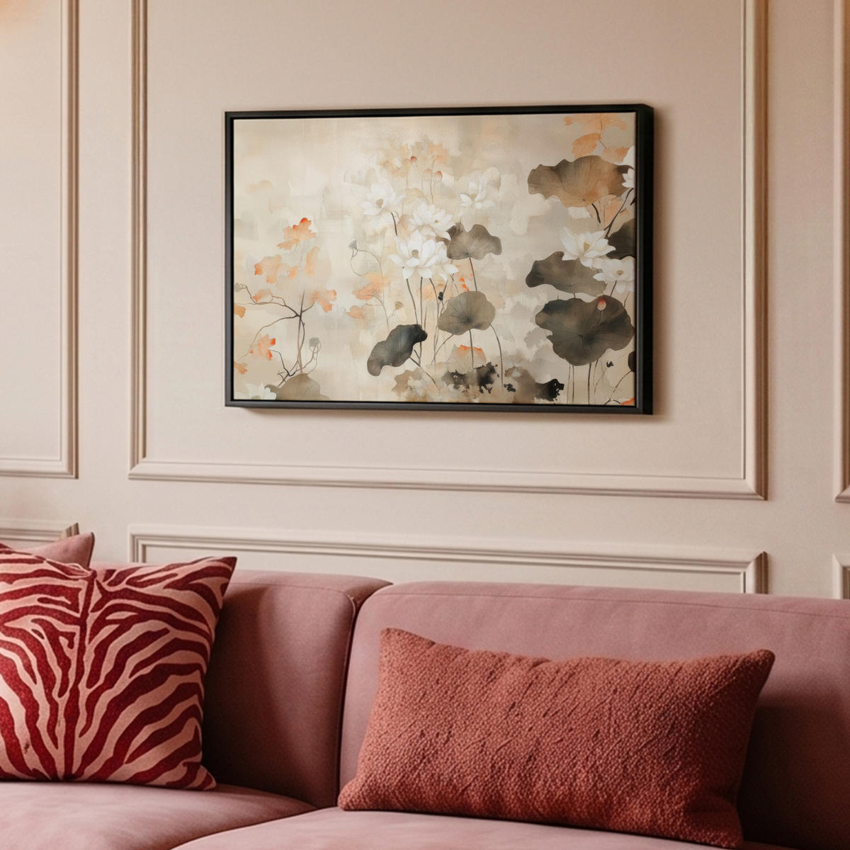 LEINWAND Bilder mit Rahmen - Blumen - Japandi - Wabi sabi - 60x40 - Sandfarben, Textil (60/40cm) - MuchoWow