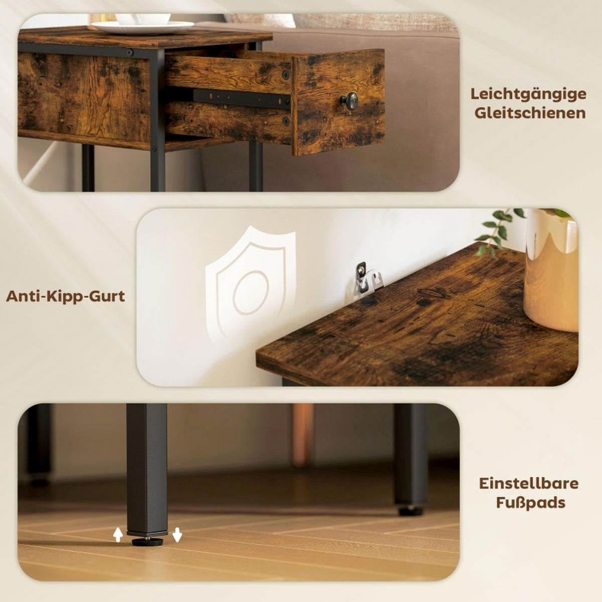 BEISTELLTISCH aus Holz 39,8x25x58,2 cm Rustikales Braun/Schwarz mit Schublade, offenem Fach und Metallbeinen - Braun, Holzwerkstoff (25/39.8/58.2cm) - Modfu