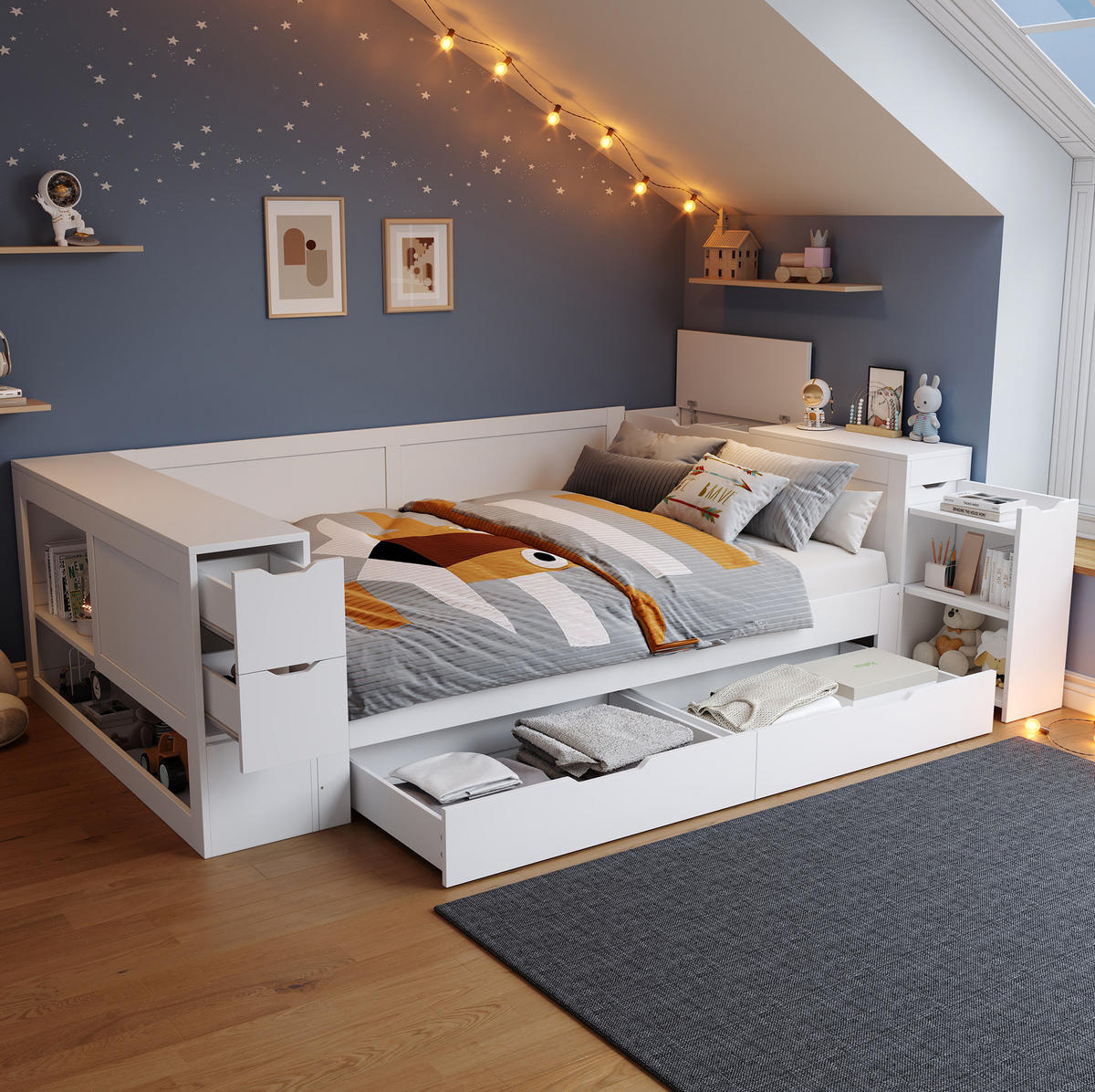 POSTEL s úložným prostorem 140/190 cm bílá z MDF s šuplíky a odkládacím prostorem - bílá, kompozitní dřevo (140/190cm) - OKWISH