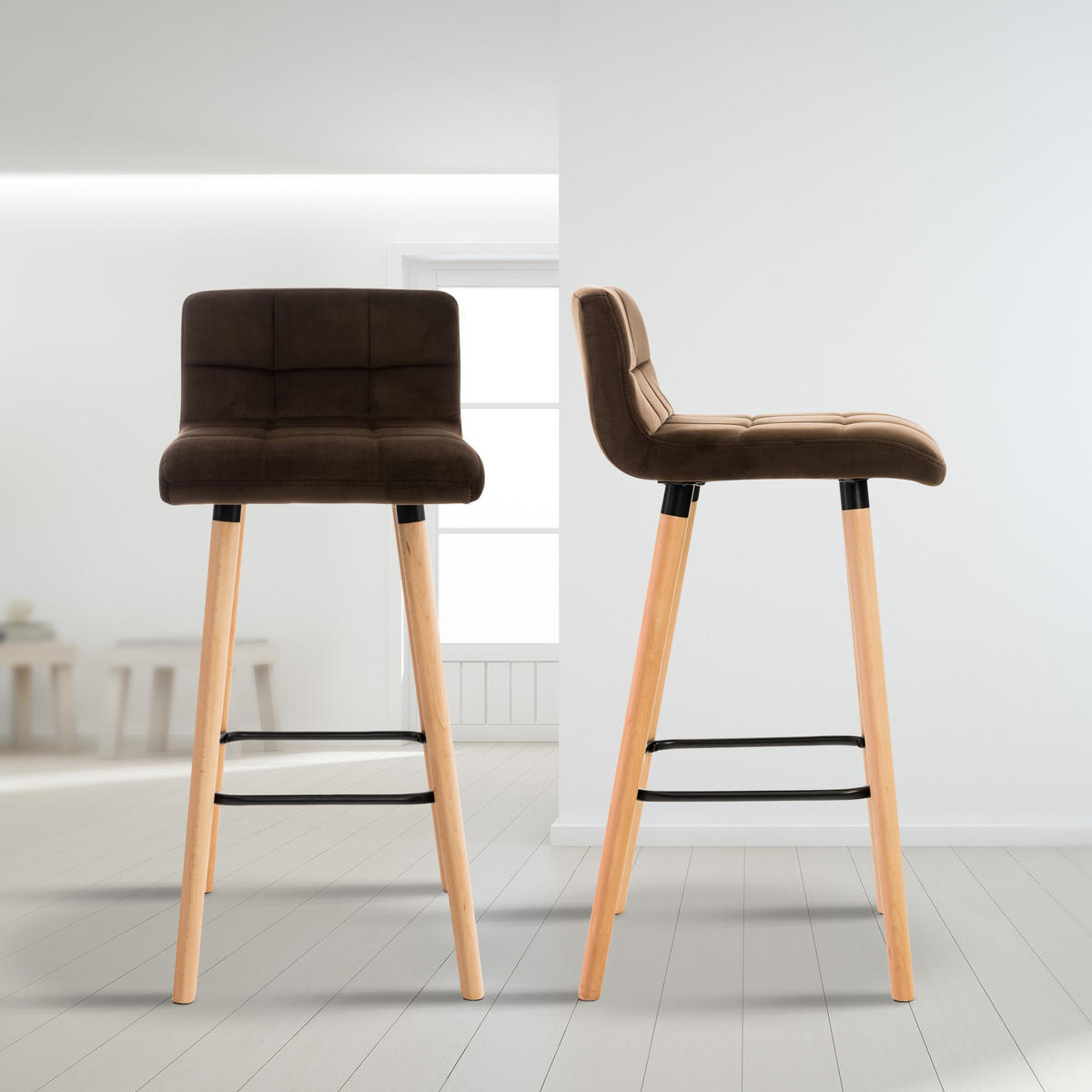 BARHOCKER 2er Set Samt Braun - Eukalyptusholzfarben/Braun, Holz/Textil (42/94/49cm) - CLP