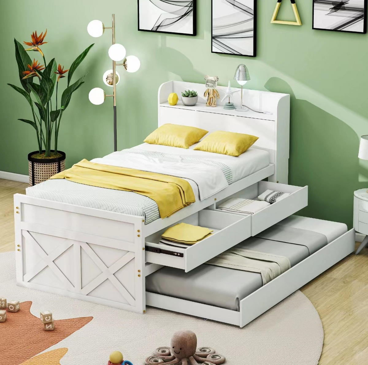 BETT 90x190 cm Weiß mit USB-Anschluss, Ausziehbett, 2 Schubladen und Nachttisch - Weiß, Holzwerkstoff (90/190cm) - Modfu