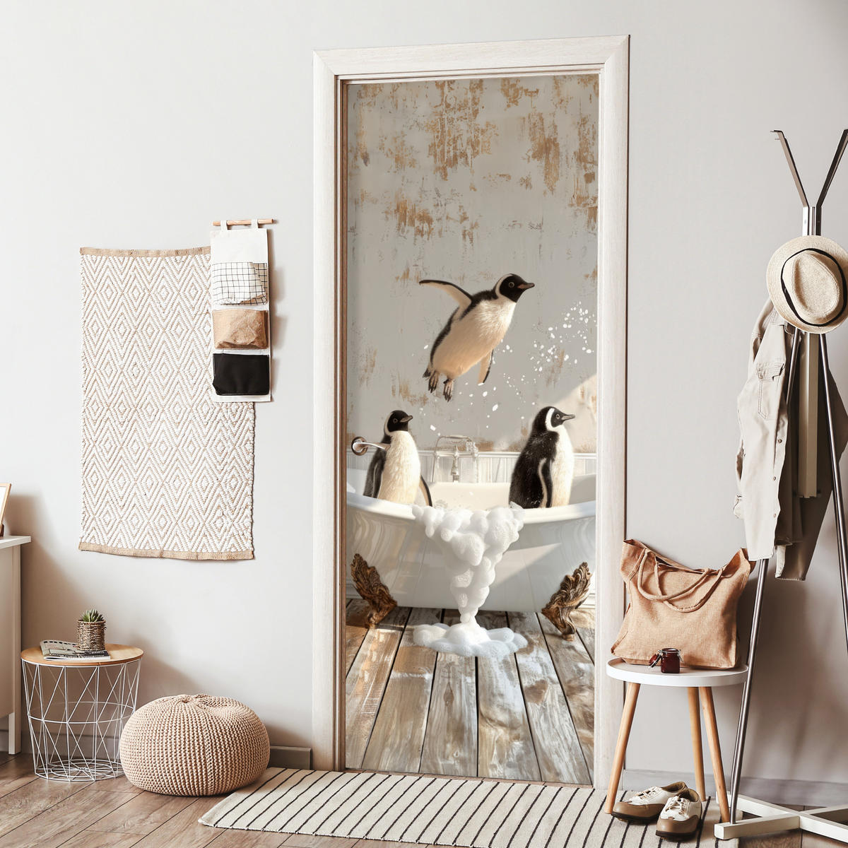 TÜRAUFKLEBER Selbstklebend - Vintage - Pinguin - Badewanne - Schaumstoff 95x235 cm - Türtapete - Hellbraun, Kunststoff (95/0.1cm) - MuchoWow