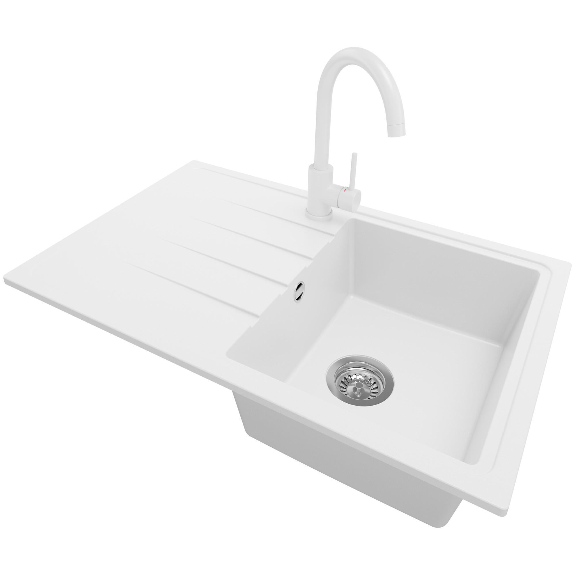 GRANITSPÜLE Mailand, 2-er set Weiß 78/50 cm 1 Becken + Küchenarmatur 32/20 cm + Ablauf-Set ab 45er Unterschrank - Chromfarben/Weiß, Kunststoff (78/19/50cm) - Primagran