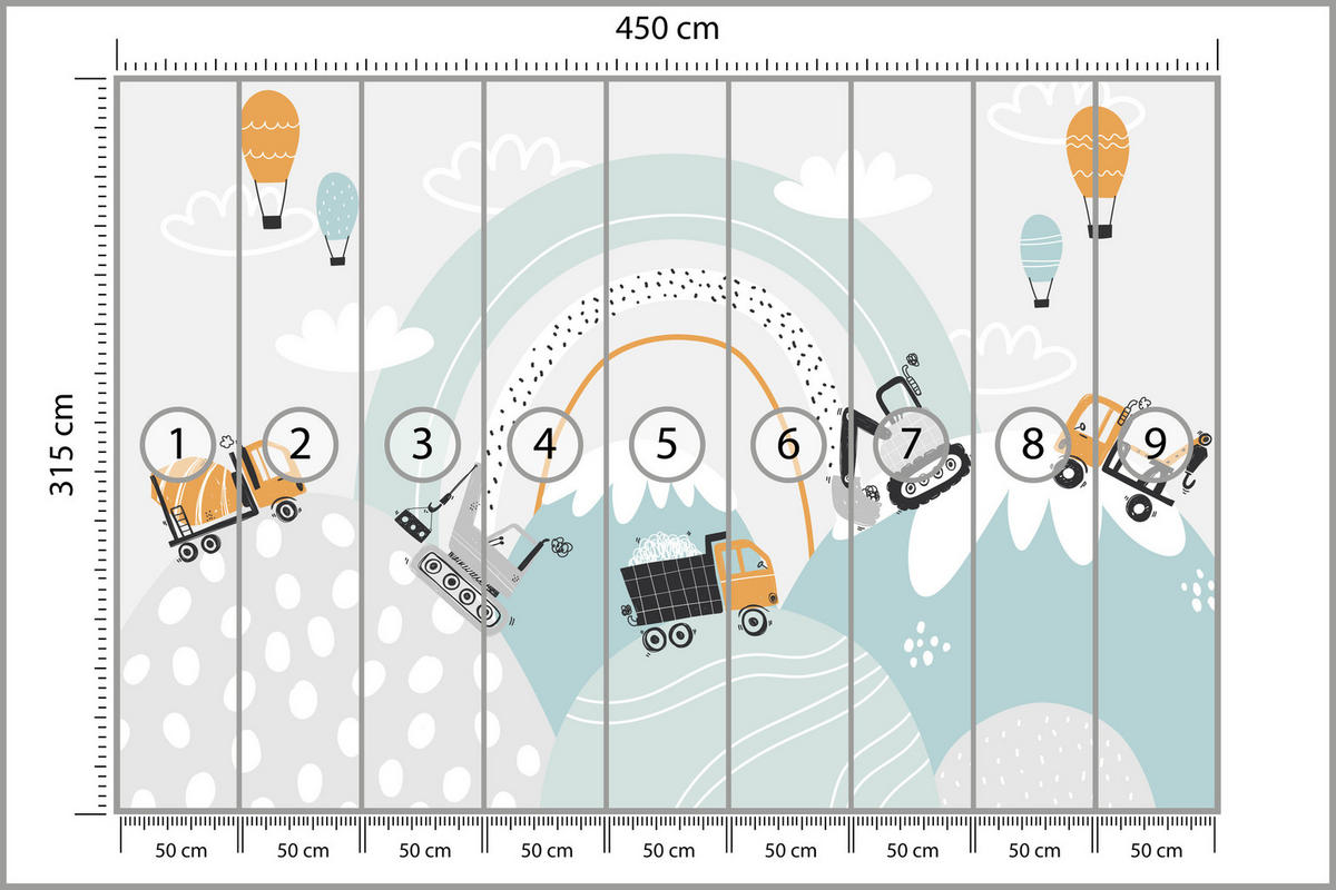 FOTOTAPETA Pre Detskú Izbu Stavebné Stroje Dúha Kopce 450 x 315 cm - oranžová/čierna, papier (450/315cm) - Muralo