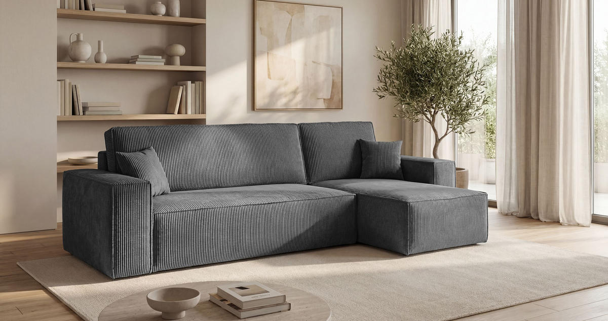 ECKSOFA CALIFORNIA MINI rechts dunkelgrau Cord Poso 60 - Schlaffunktion, Bettkasten - Anthrazit, Textil (245/139cm) - Cornero