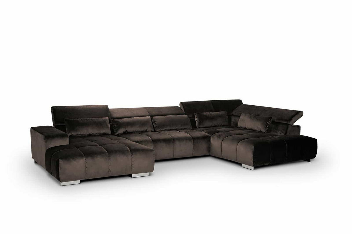 WOHNLANDSCHAFT XXL mit verstellbaren Kopflehnen, Velvet-Stoff - Silberfarben/Braun, Textil/Metall (225/73/409cm) - Cotta
