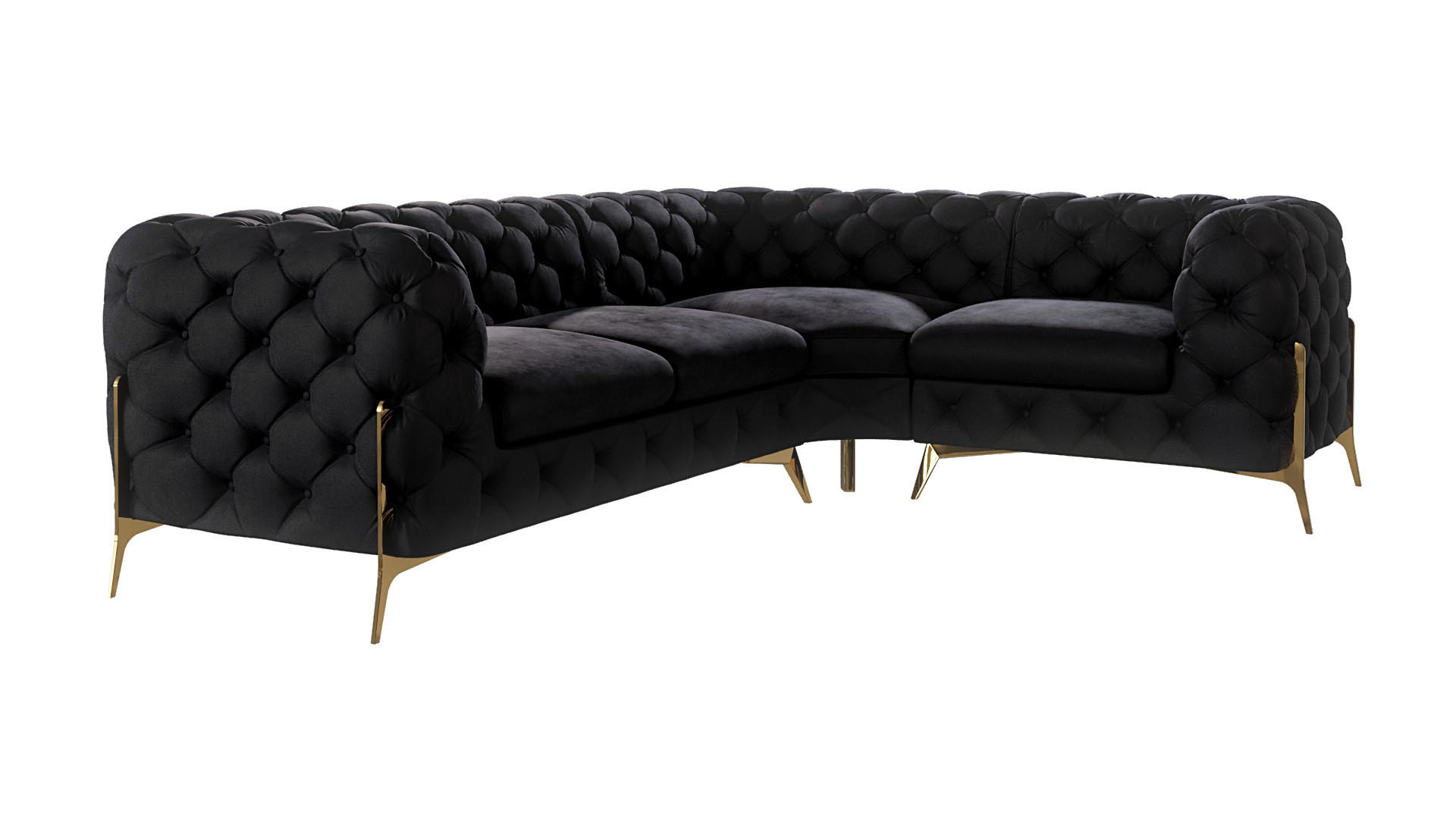 S-Style CHESTERFIELD ROHOVÁ SEDAČKA Lexi z černého sametu se zlatými nohami - otomán vpravo
