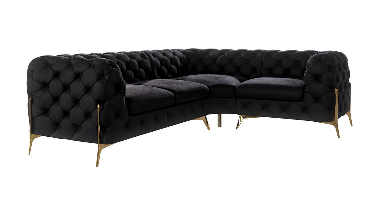 ECKSOFA Chesterfield Lexi Schwarz Samt, Ottomane rechts - Goldfarben/Schwarz, Holz/Textil (264/204cm) - S-Style Möbel