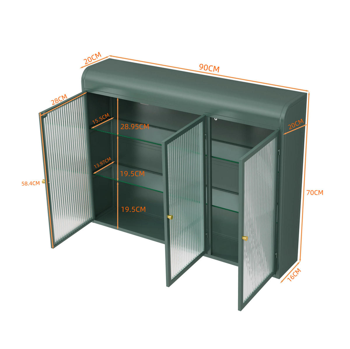 KÜCHENOBERSCHRANK mit Glasfront in Dunkelgrün – 3 Türen, wandhängend - Grün, Glas (90/70/20cm) - BEAOK