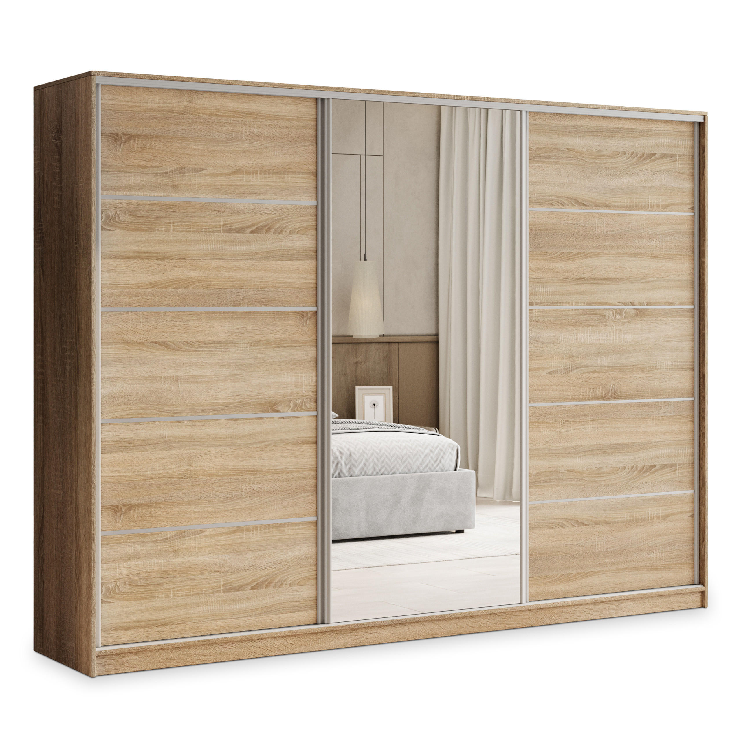 SCHWEBETÜRENSCHRANK PINA 235/205/58 cm 3-türig mit Spiegel und Schubladen Sonoma Eiche - Silberfarben/Sonoma Eiche, Holzwerkstoff (235/205/58cm) - MASSENO