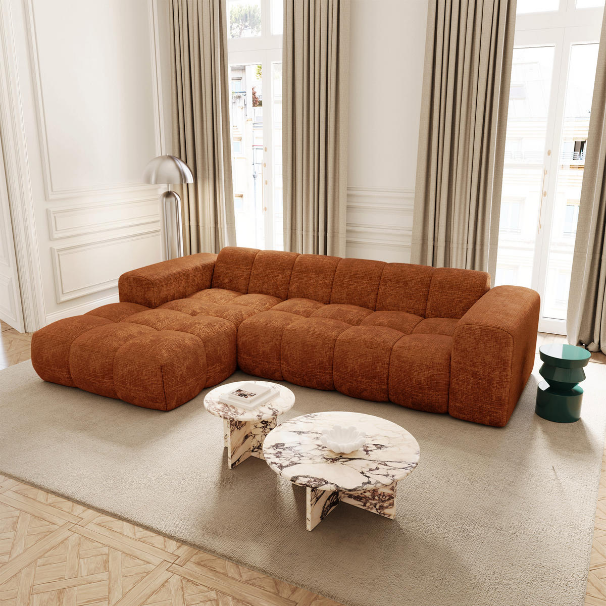 ECKSOFA (links) BLOOM Geprägter Samt Terrakotta 290cm - Dunkelorange/Terracotta, Textil (290/164cm) - Premium Interiors
