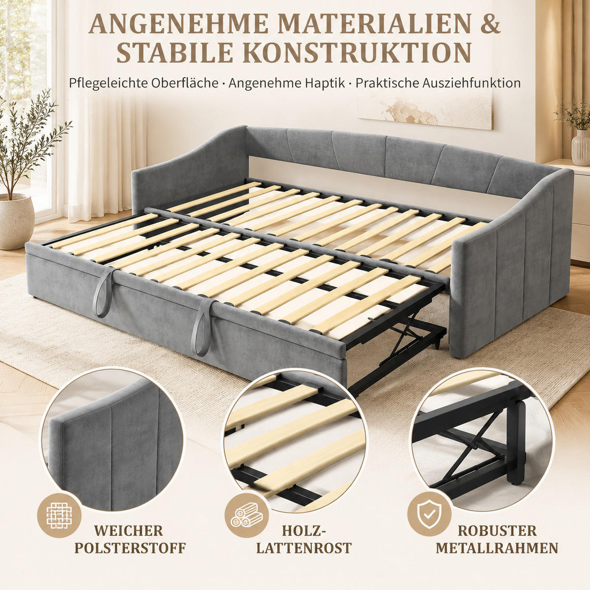 SCHLAFSOFA , veloursbezogen, 3-fach umwandelbar, mit Ausziehfunktion und Stauraum grau - Grau, Metall (190/74.5/210cm) - Joyfair