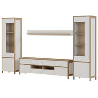 WOHNWAND weiß, Eiche 4-teilig 339 cm, Wohnkombination skandinavisch mit Soft-Close, Finnes - Eichefarben/Weiß, Glas/Holzwerkstoff (339/195/39cm) - Furn.Design